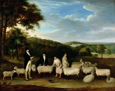Portrait of Thomas William Coke, Esq. (1752-1842) inspecting some of his South Down sheep with Mr Walton and the Holkham shepherds by Thomas Weaver